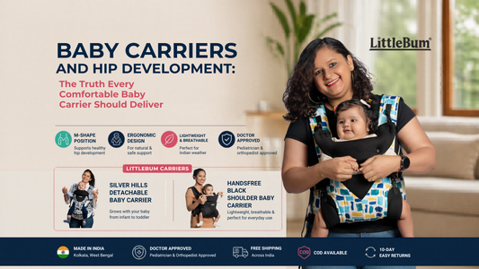 Baby carrier M-shape position supporting healthy hip development for infants in India