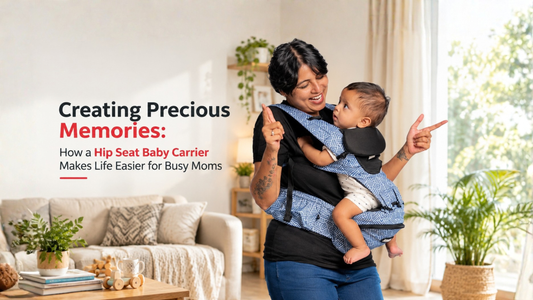 Detachable hip seat baby carrier shown as a full carrier and as a seat-only hip carrier