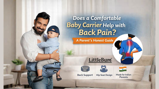Indian mother using a comfortable baby carrier with hip seat for back pain support
