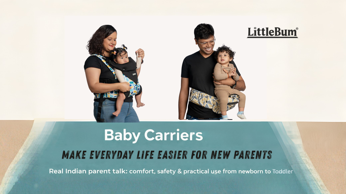Parent using a breathable ergonomic baby carrier with newborn in Indian summer
