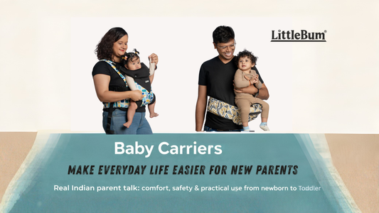 Parent using a breathable ergonomic baby carrier with newborn in Indian summer