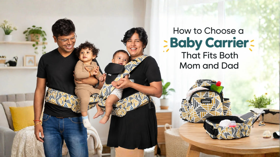 Mom and dad of different heights both wearing a comfortable baby carrier
