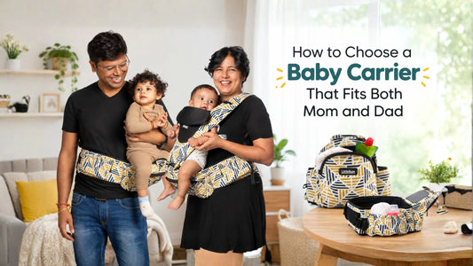 Mom and dad of different heights both wearing a comfortable baby carrier