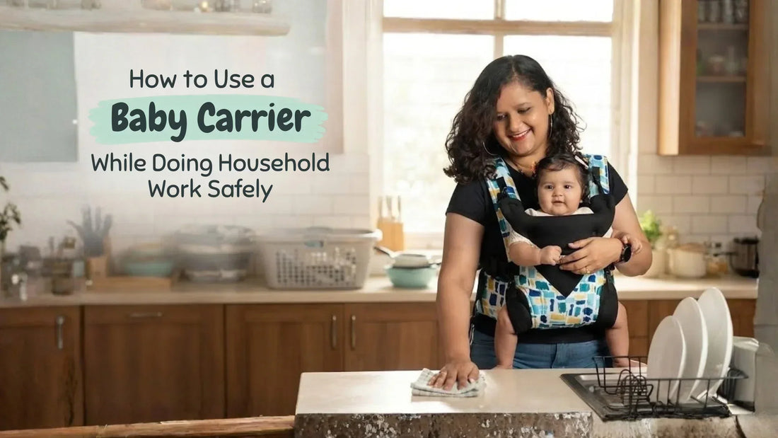 Mother checking baby's position in a comfortable baby carrier before housework