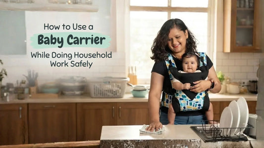 Mother checking baby's position in a comfortable baby carrier before housework