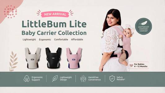 LittleBum Lite ergonomic baby carrier in khaki with M-shape seat for 4-12 month old baby