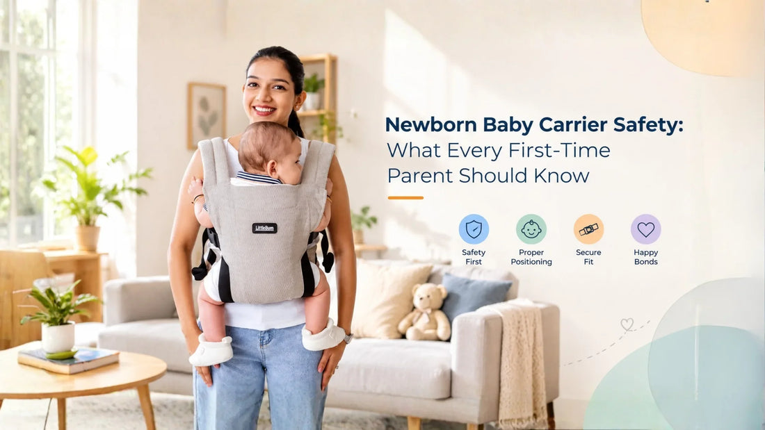 Parent wearing a newborn baby carrier with baby upright, face visible and close to chest