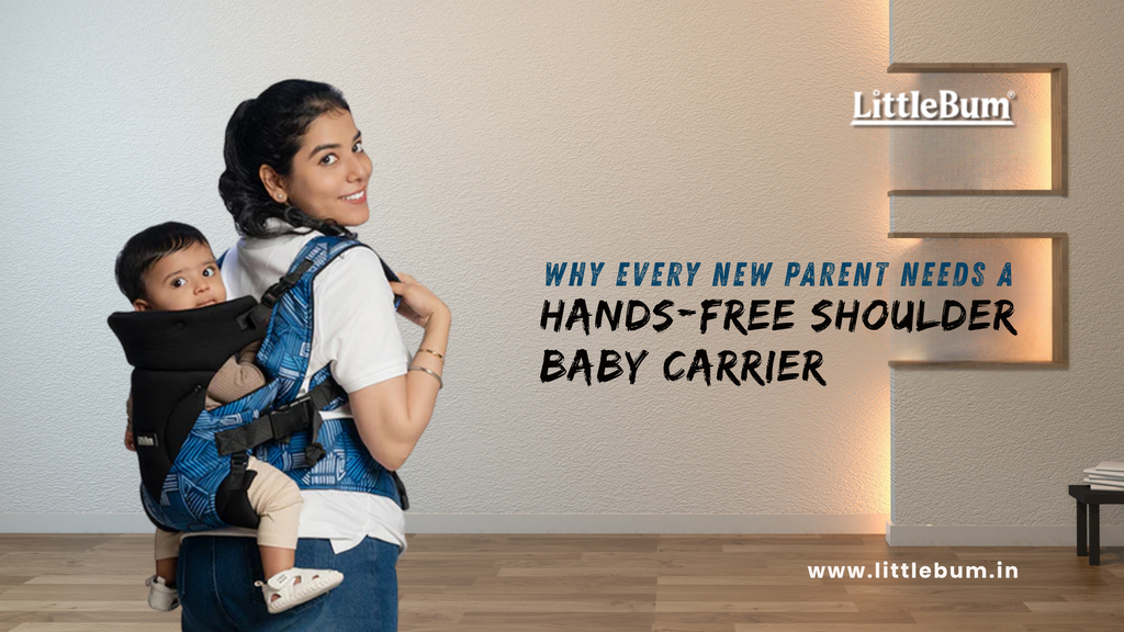 Indian parent using a Hansfree shoulder baby carrier at home with newborn comfortably