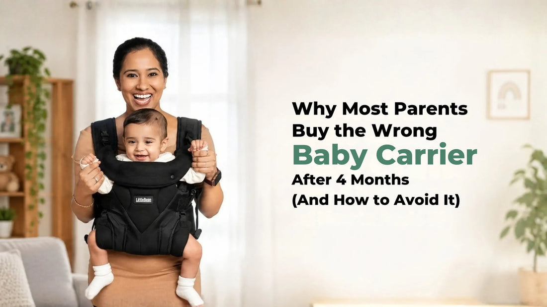 Ergonomic baby carrier showing the M-shape seat supporting a baby's thighs