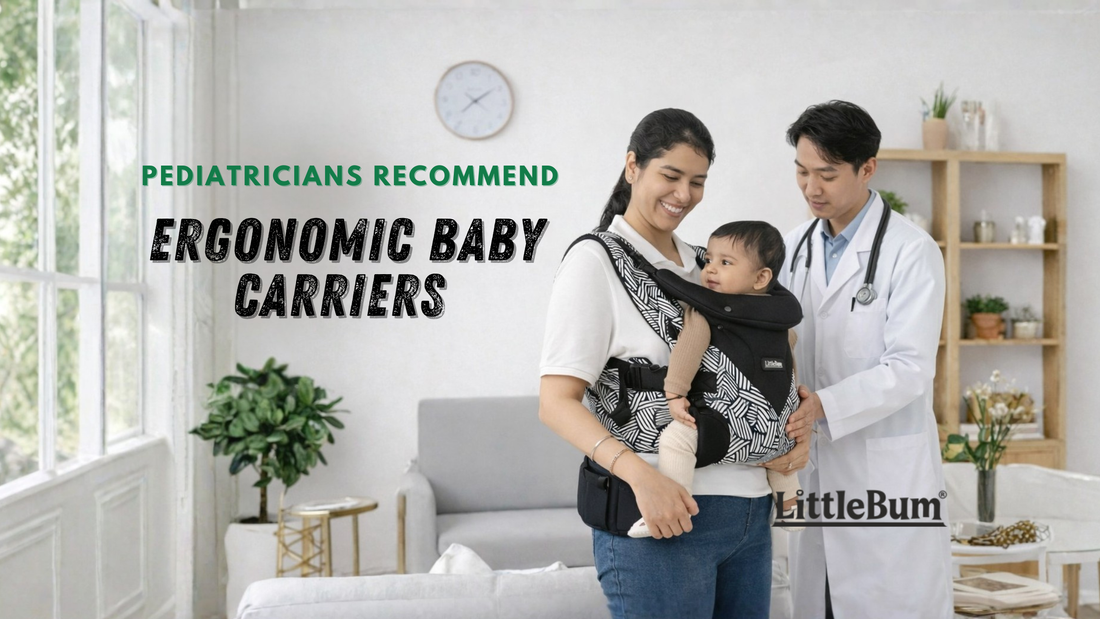 Indian parent wearing ergonomic baby carrier comfortably at home