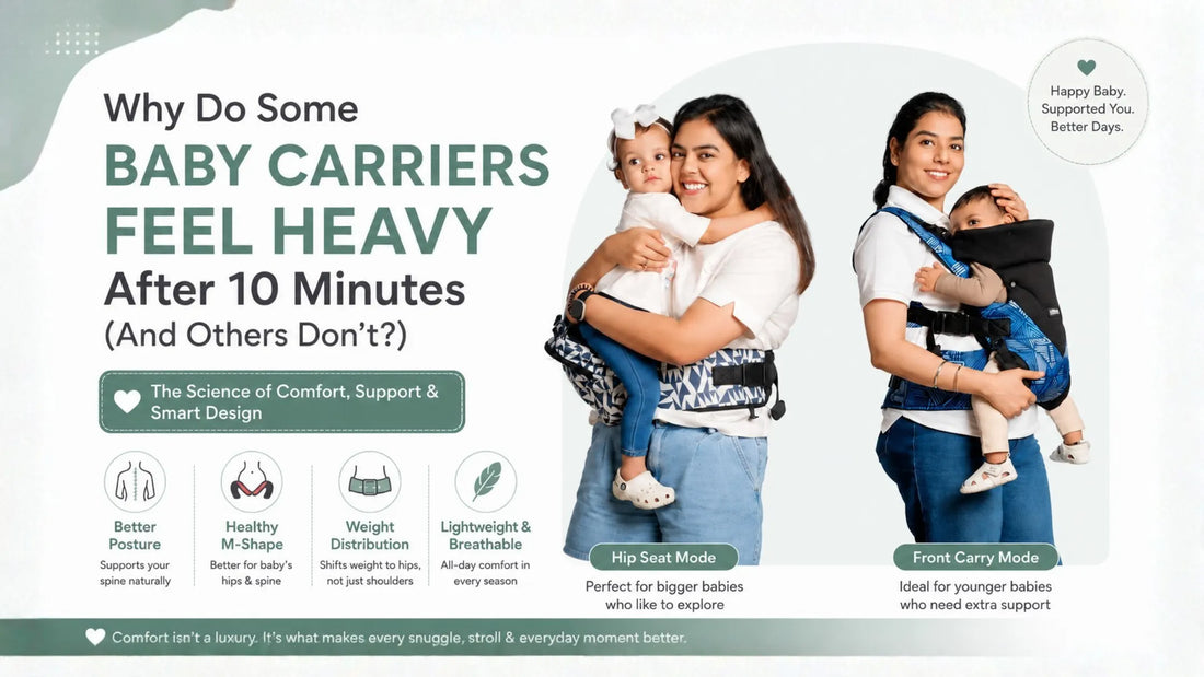 Mother carrying baby in an ergonomic baby carrier with proper weight distribution and back support