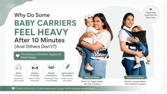 Mother carrying baby in an ergonomic baby carrier with proper weight distribution and back support