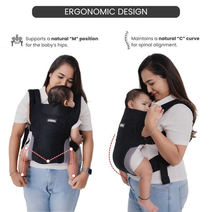 LittleBum Lite 3 in 1 Baby Carrier Cum Kangaroo Bag, Ergonomic Carry Sling with Strong Buckle & Strap, for 4 to 12 Month Baby (Colour Black)