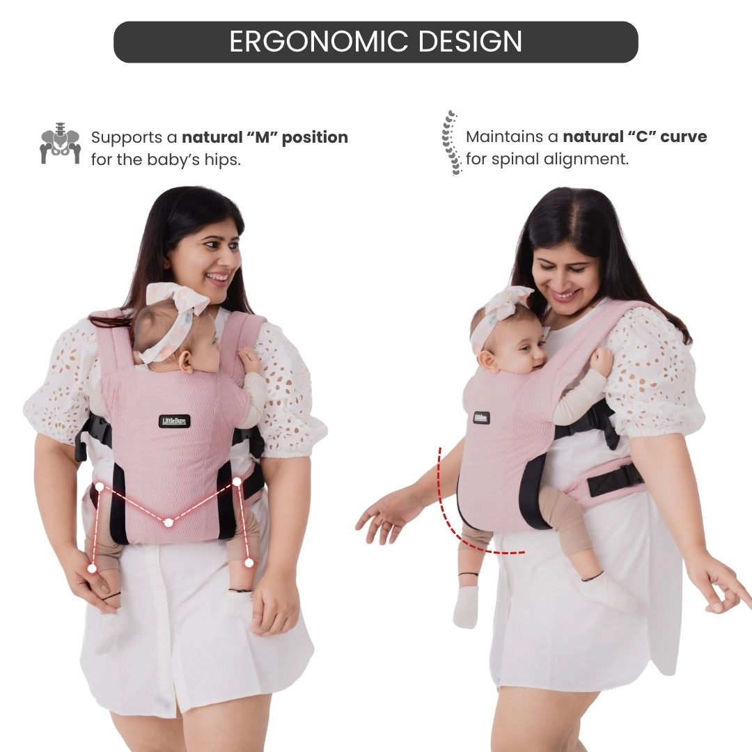 LittleBum Lite 3 in 1 Baby Carrier Cum Kangaroo Bag, Ergonomic Carry Sling with Strong Buckle & Strap, for 4 to 12 Month Baby (Colour Dusty Rose)