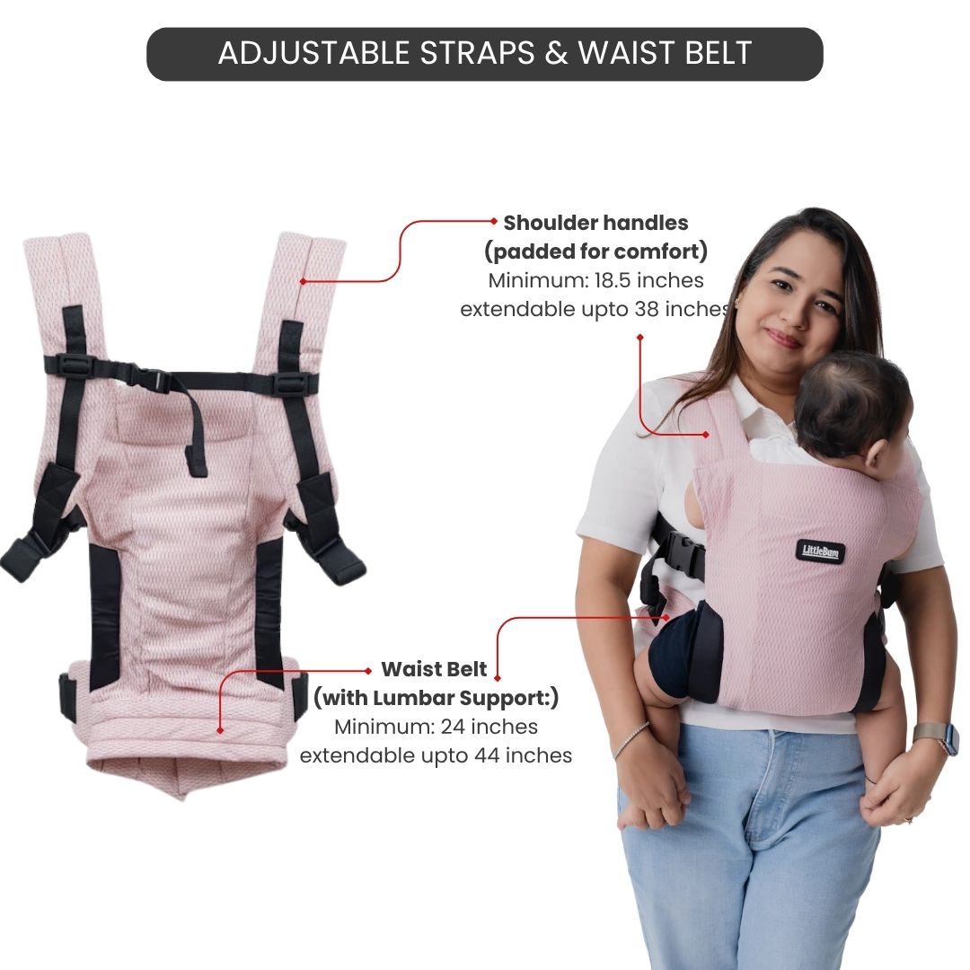 LittleBum Lite 3 in 1 Baby Carrier Cum Kangaroo Bag, Ergonomic Carry Sling with Strong Buckle & Strap, for 4 to 12 Month Baby (Colour Dusty Rose)