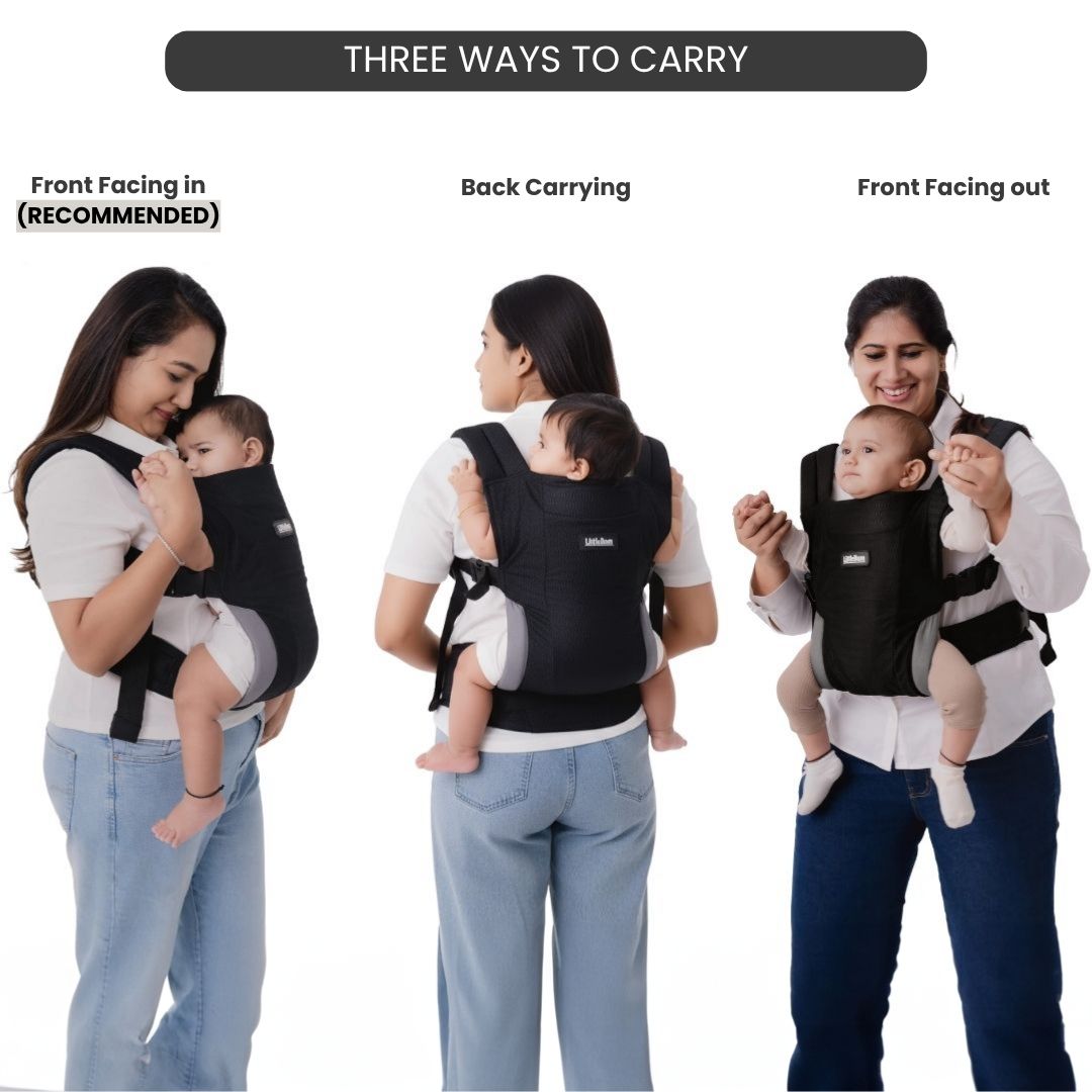 LittleBum Lite 3 in 1 Baby Carrier Cum Kangaroo Bag, Ergonomic Carry Sling with Strong Buckle & Strap, for 4 to 12 Month Baby (Colour Black)